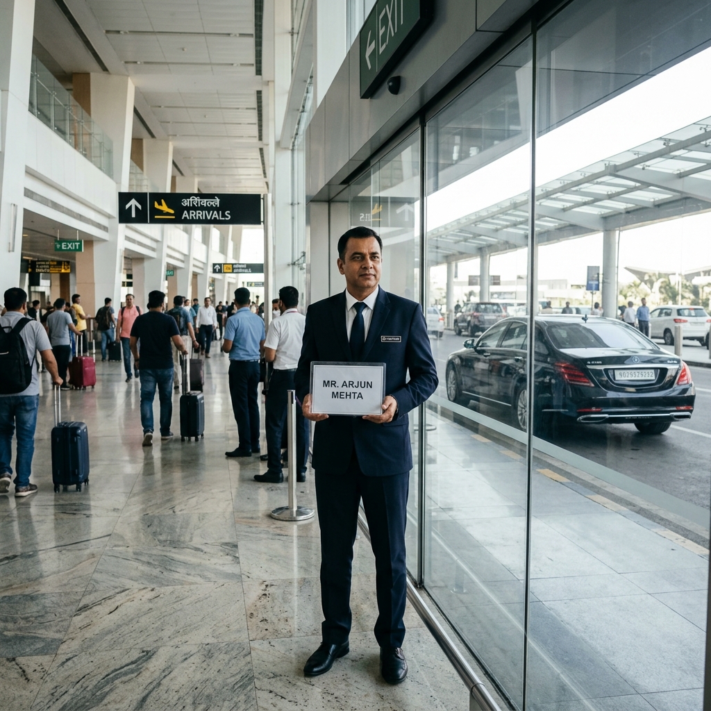 Chauffeur with placard at airport arrivals