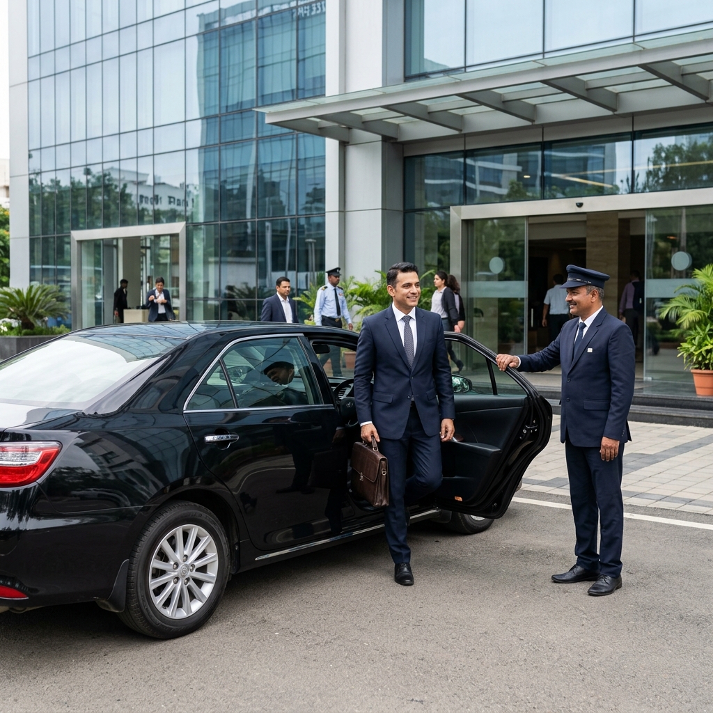 Premium corporate car rental with chauffeur at office