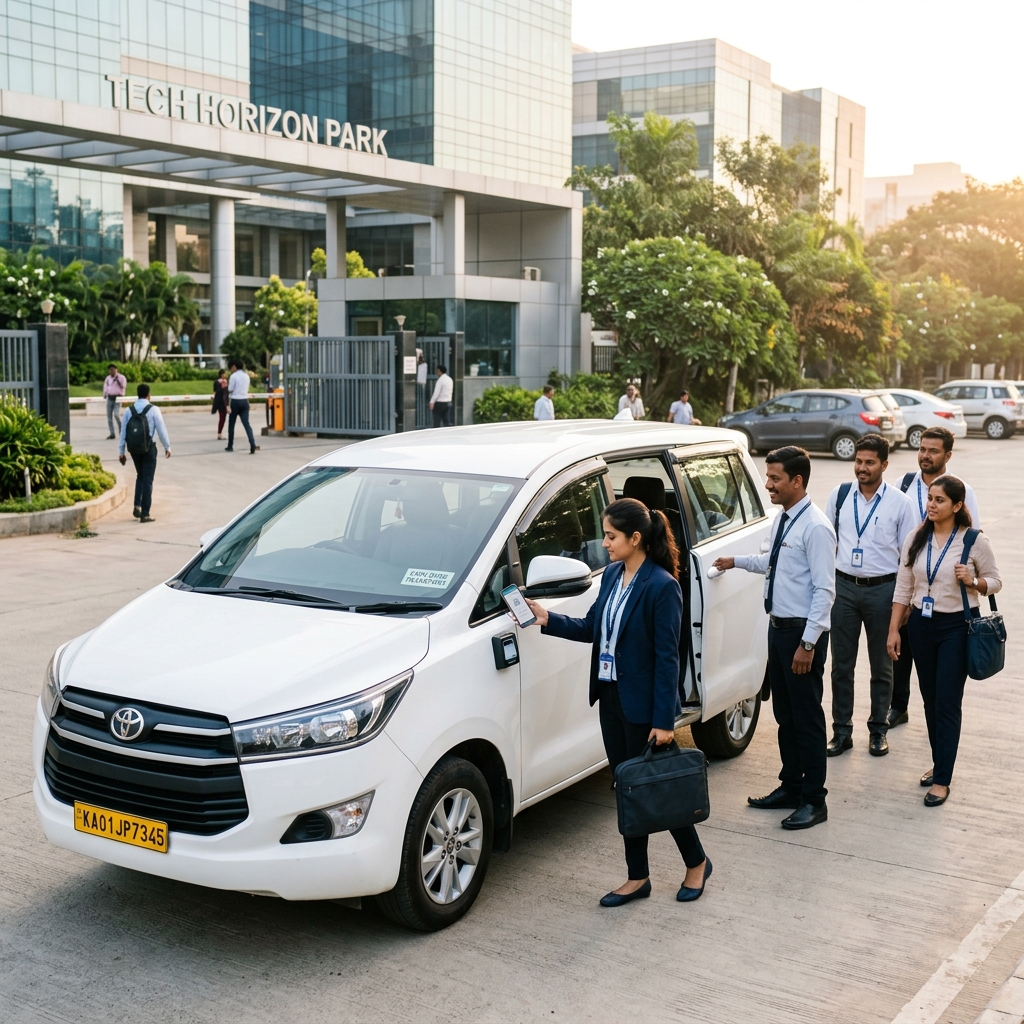 IT professionals boarding employee transport at tech park