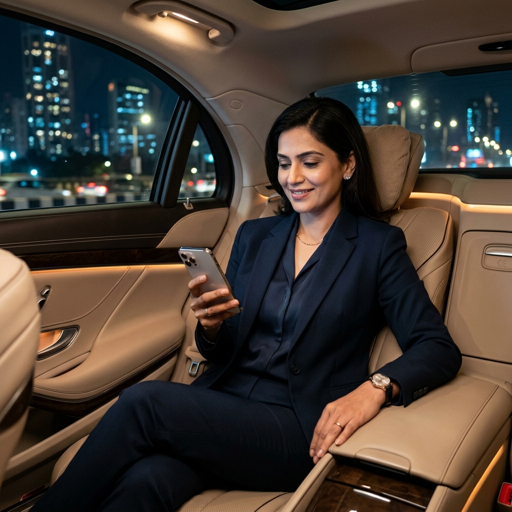Woman corporate employee safely working in UWAY cab at night